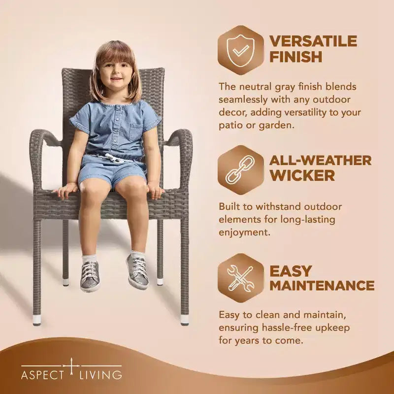 Aspect Living Morgan, sedie impilabili in vimini da esterno, intrecciate a mano, per tutte le stagioni, telaio in acciaio verniciato a polvere, leggere, per portico, cortile, giardino, balcone - Set da 2