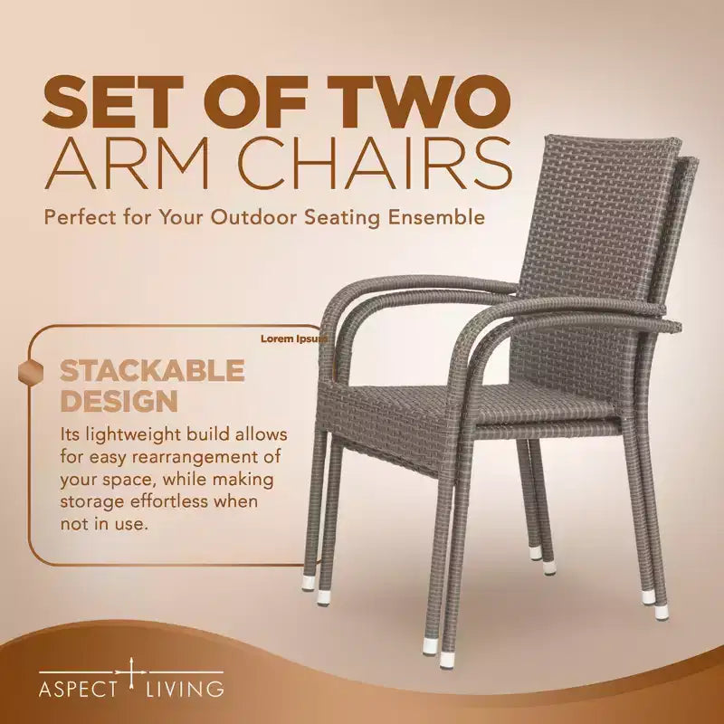 Aspect Living Morgan, sedie impilabili in vimini da esterno, intrecciate a mano, per tutte le stagioni, telaio in acciaio verniciato a polvere, leggere, per portico, cortile, giardino, balcone - Set da 2