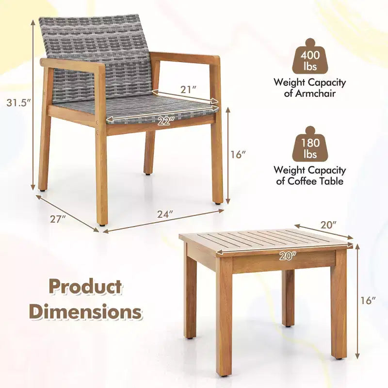 Costway Set di Mobili da Esterno 3 Pezzi, Divano con Struttura in Legno di Acacia e Seduta in Rattan