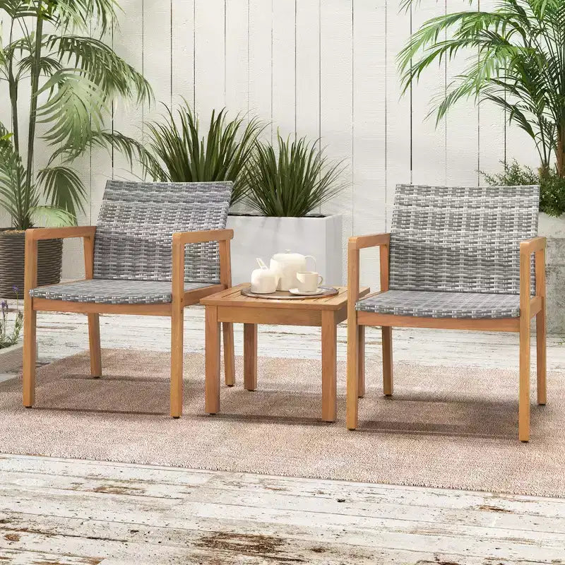 Costway Set di Mobili da Esterno 3 Pezzi, Divano con Struttura in Legno di Acacia e Seduta in Rattan