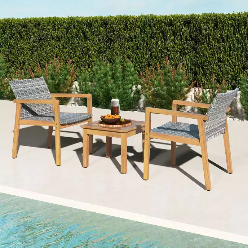 Costway Set di Mobili da Esterno 3 Pezzi, Divano con Struttura in Legno di Acacia e Seduta in Rattan