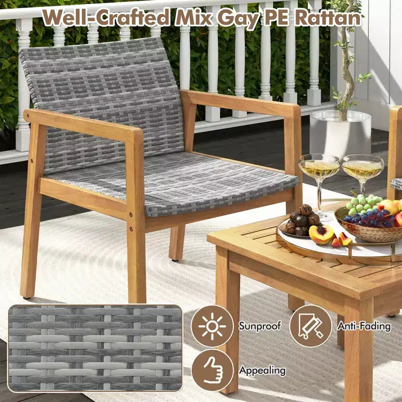 Costway Set di Mobili da Esterno 3 Pezzi, Divano con Struttura in Legno di Acacia e Seduta in Rattan