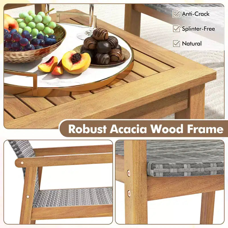 Costway Set di Mobili da Esterno 3 Pezzi, Divano con Struttura in Legno di Acacia e Seduta in Rattan