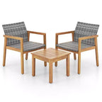 Costway Set di Mobili da Esterno 3 Pezzi, Divano con Struttura in Legno di Acacia e Seduta in Rattan