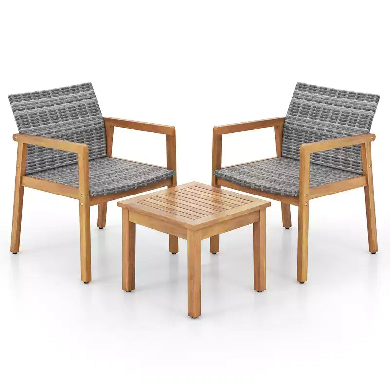 Costway Set di Mobili da Esterno 3 Pezzi, Divano con Struttura in Legno di Acacia e Seduta in Rattan