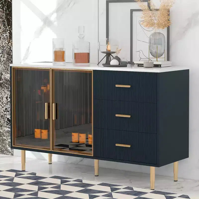 Buffet moderne Whisen avec plateau en marbre autocollant, pieds et poignées en métal doré pour salle à manger et salon