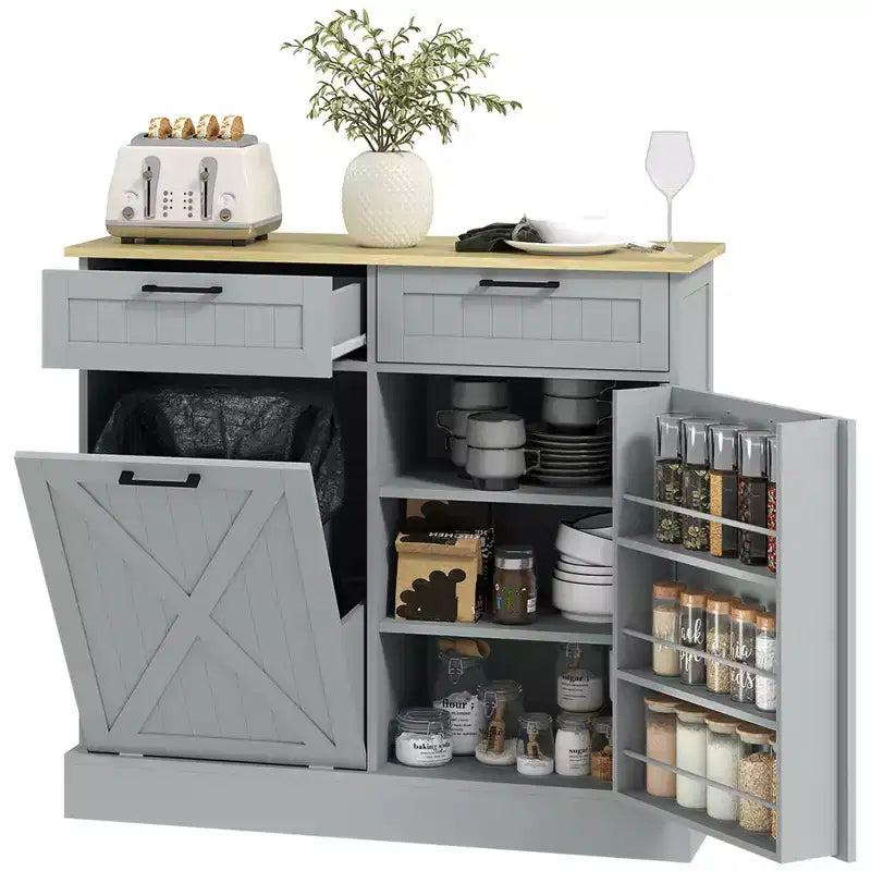 Mobiletto portarifiuti a scomparsa HOMCOM con cassetti, mobiletto da cucina in stile rustico con pattumiera nascosta