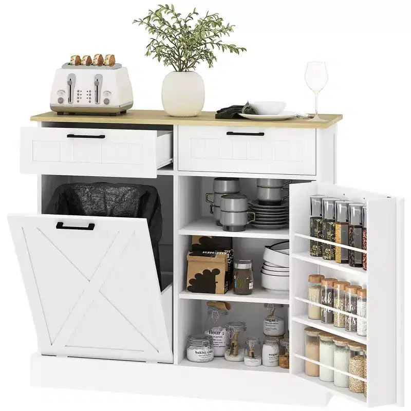 Mobiletto portarifiuti a scomparsa HOMCOM con cassetti, mobiletto da cucina in stile rustico con pattumiera nascosta