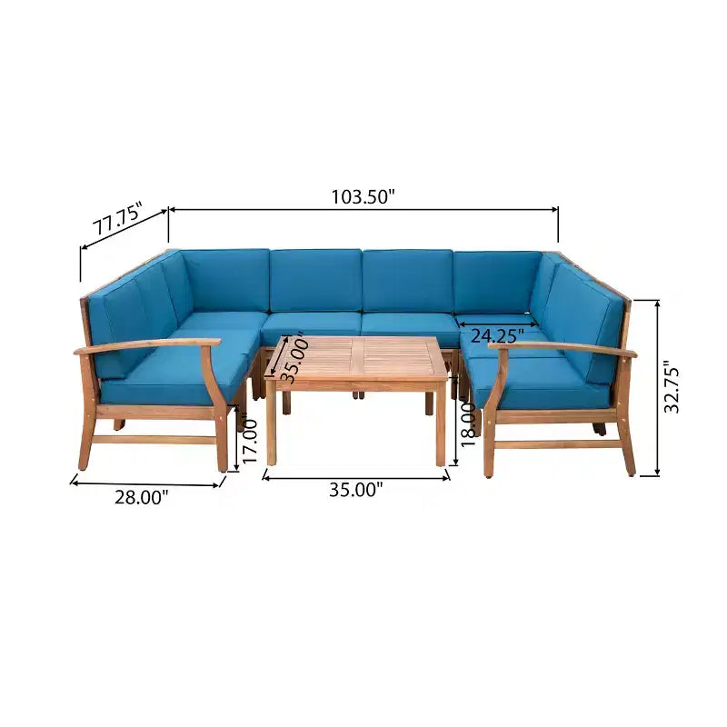 Set da conversazione componibile a U GDFStudio Abena da esterno a 8 posti in legno di acacia con cuscini