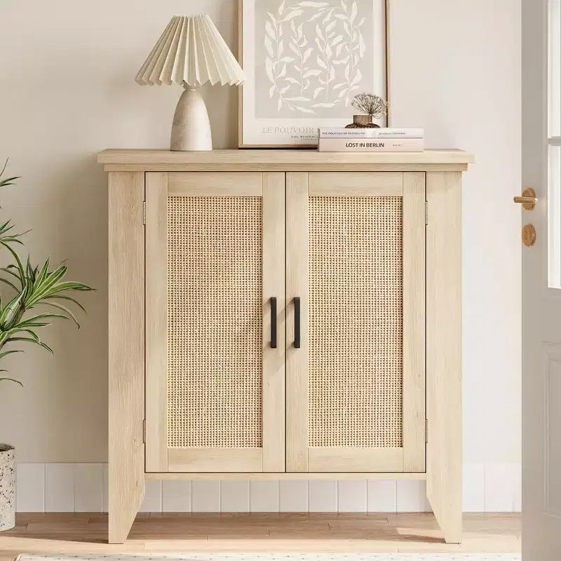 Mobile Buffet, Credenza Contenitore in Rattan con Ante e Ripiani, Mobile d'Accento Consolle in Legno