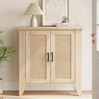 Mobile Buffet, Credenza Contenitore in Rattan con Ante e Ripiani, Mobile d'Accento Consolle in Legno
