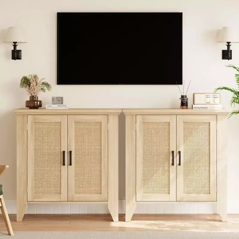 Mobile Buffet, Credenza Contenitore in Rattan con Ante e Ripiani, Mobile d'Accento Consolle in Legno