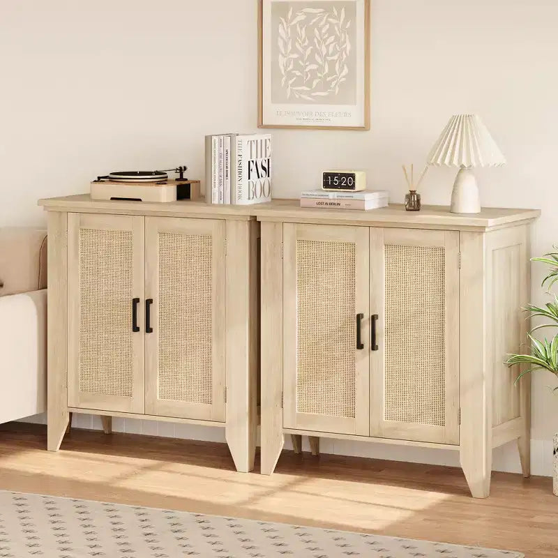 Mobile Buffet, Credenza Contenitore in Rattan con Ante e Ripiani, Mobile d'Accento Consolle in Legno