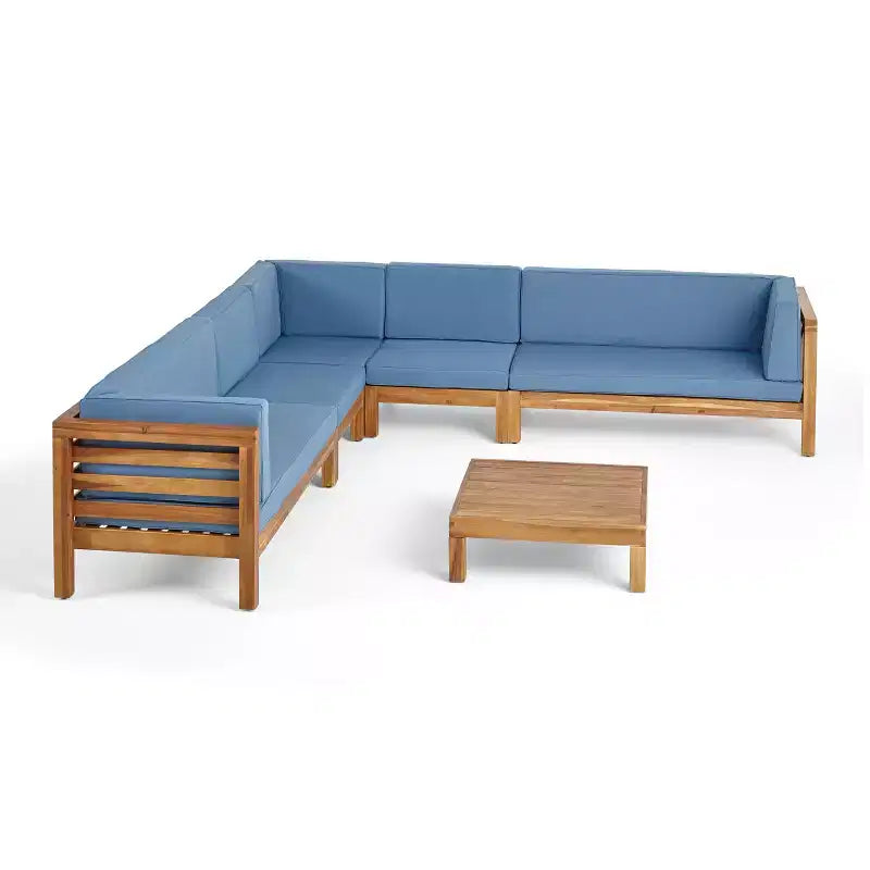 Christopher Knight Home Cascada, canapé sectionnel d'extérieur en bois d'acacia 7 places avec coussins