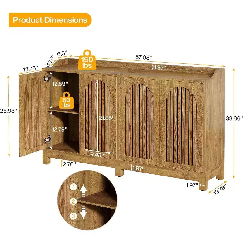 Meuble de rangement de cuisine Lantine, buffet de ferme de 145 cm avec porte à persiennes et étagère réglable pour salle à manger