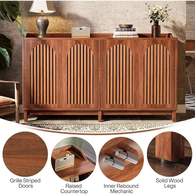 Meuble de rangement de cuisine Lantine, buffet de ferme de 145 cm avec porte à persiennes et étagère réglable pour salle à manger
