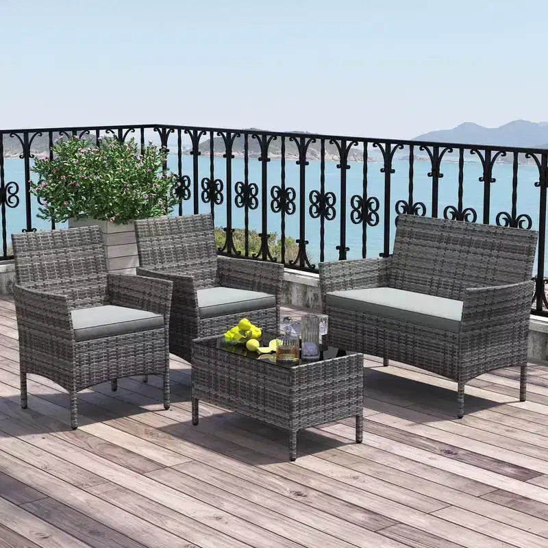 Costway Set di Mobili da Giardino 4 Pezzi con Cuscini Lavabili e Tavolino da Caffè in Vetro Temperato Grigio