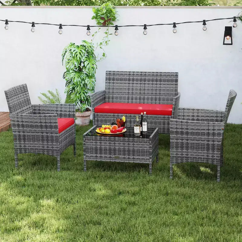 Costway Set di Mobili da Giardino 4 Pezzi con Cuscini Lavabili e Tavolino da Caffè in Vetro Temperato Grigio