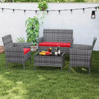 Costway Set di Mobili da Giardino 4 Pezzi con Cuscini Lavabili e Tavolino da Caffè in Vetro Temperato Grigio