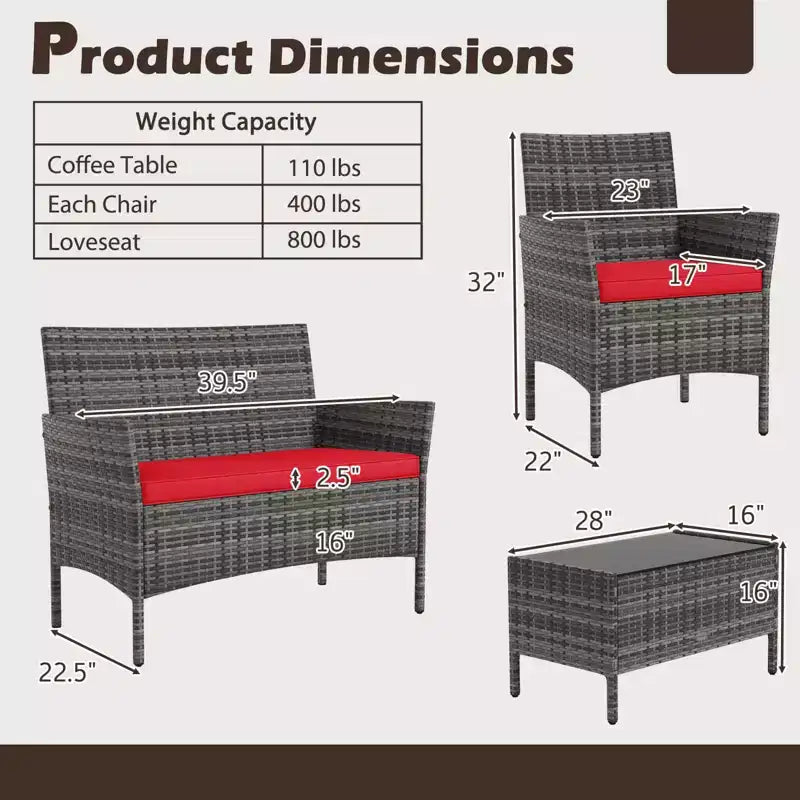 Costway Set di Mobili da Giardino 4 Pezzi con Cuscini Lavabili e Tavolino da Caffè in Vetro Temperato Grigio