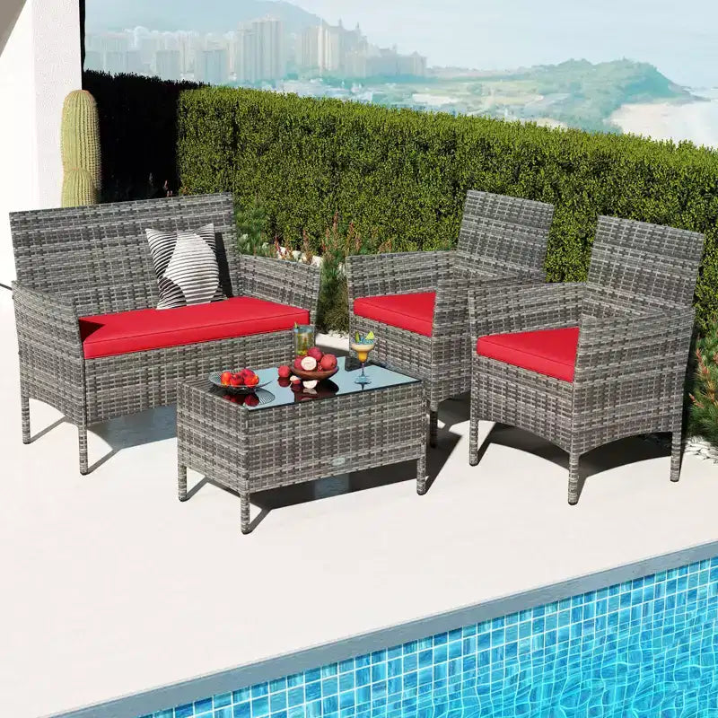 Costway Set di Mobili da Giardino 4 Pezzi con Cuscini Lavabili e Tavolino da Caffè in Vetro Temperato Grigio
