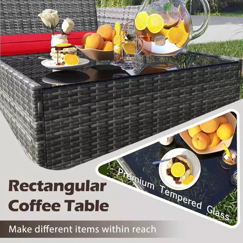 Costway Set di Mobili da Giardino 4 Pezzi con Cuscini Lavabili e Tavolino da Caffè in Vetro Temperato Grigio