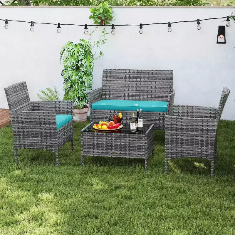 Costway Set di Mobili da Giardino 4 Pezzi con Cuscini Lavabili e Tavolino da Caffè in Vetro Temperato Grigio