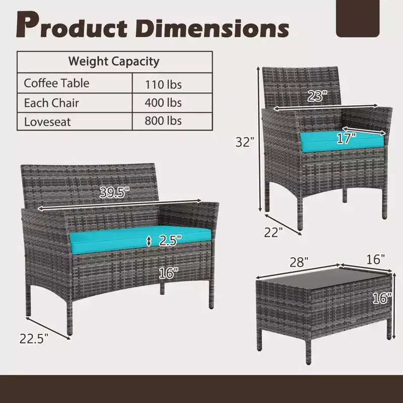 Costway Set di Mobili da Giardino 4 Pezzi con Cuscini Lavabili e Tavolino da Caffè in Vetro Temperato Grigio