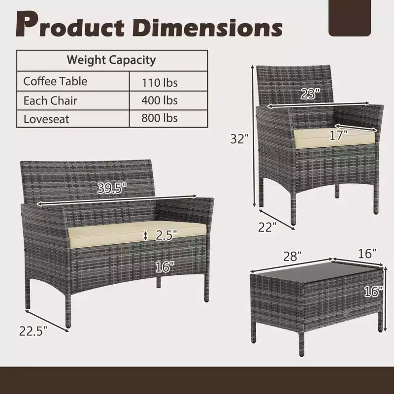 Costway Set di Mobili da Giardino 4 Pezzi con Cuscini Lavabili e Tavolino da Caffè in Vetro Temperato Grigio
