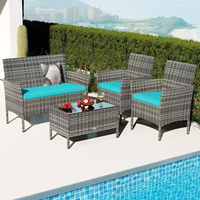 Costway Set di Mobili da Giardino 4 Pezzi con Cuscini Lavabili e Tavolino da Caffè in Vetro Temperato Grigio