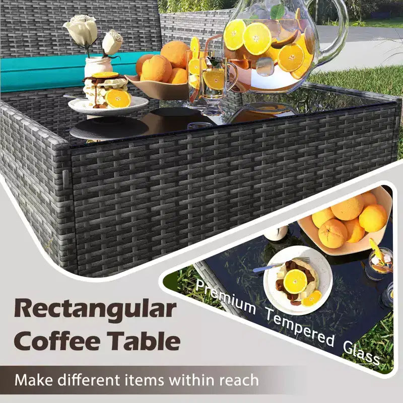 Costway Set di Mobili da Giardino 4 Pezzi con Cuscini Lavabili e Tavolino da Caffè in Vetro Temperato Grigio