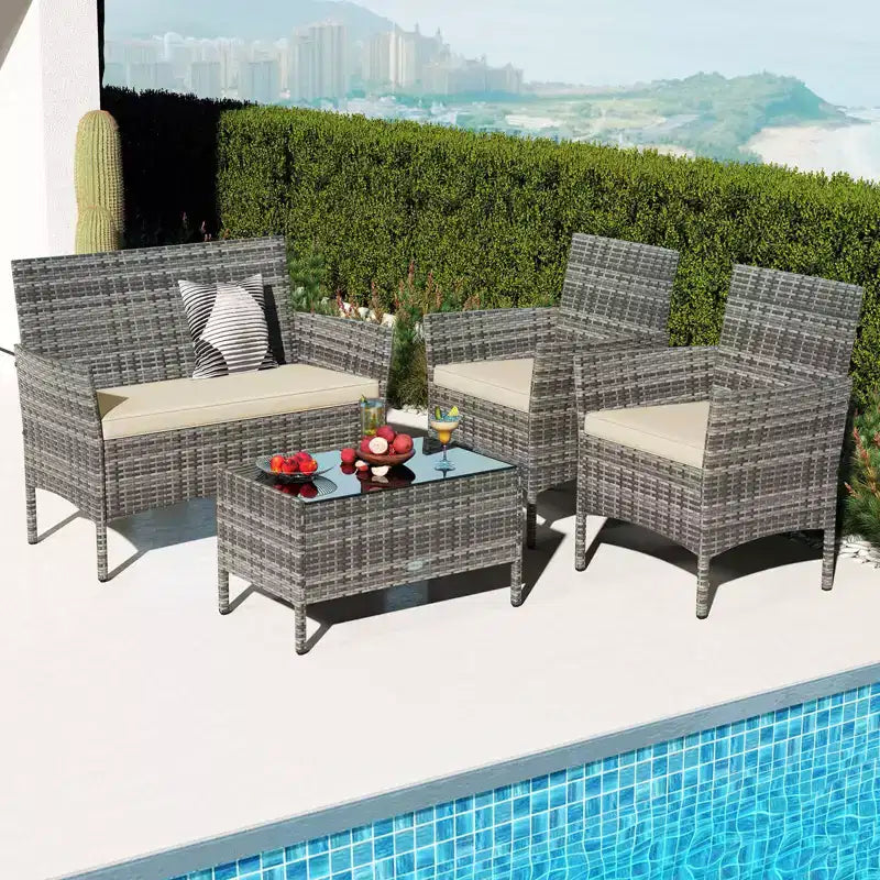 Costway Set di Mobili da Giardino 4 Pezzi con Cuscini Lavabili e Tavolino da Caffè in Vetro Temperato Grigio