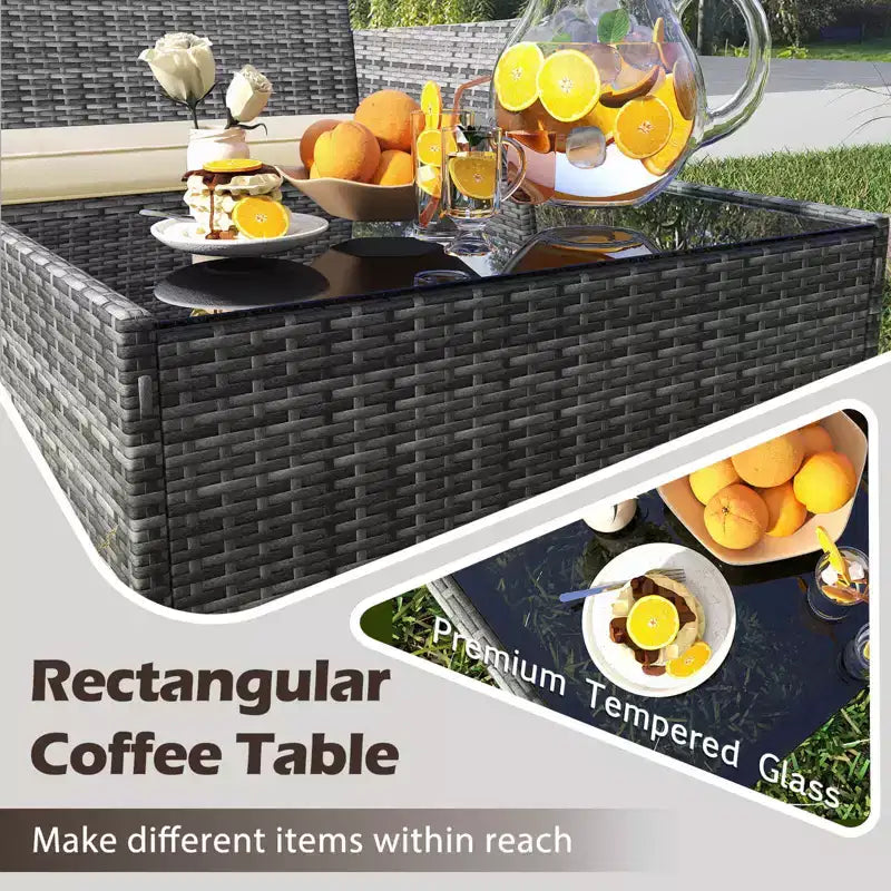 Costway Set di Mobili da Giardino 4 Pezzi con Cuscini Lavabili e Tavolino da Caffè in Vetro Temperato Grigio