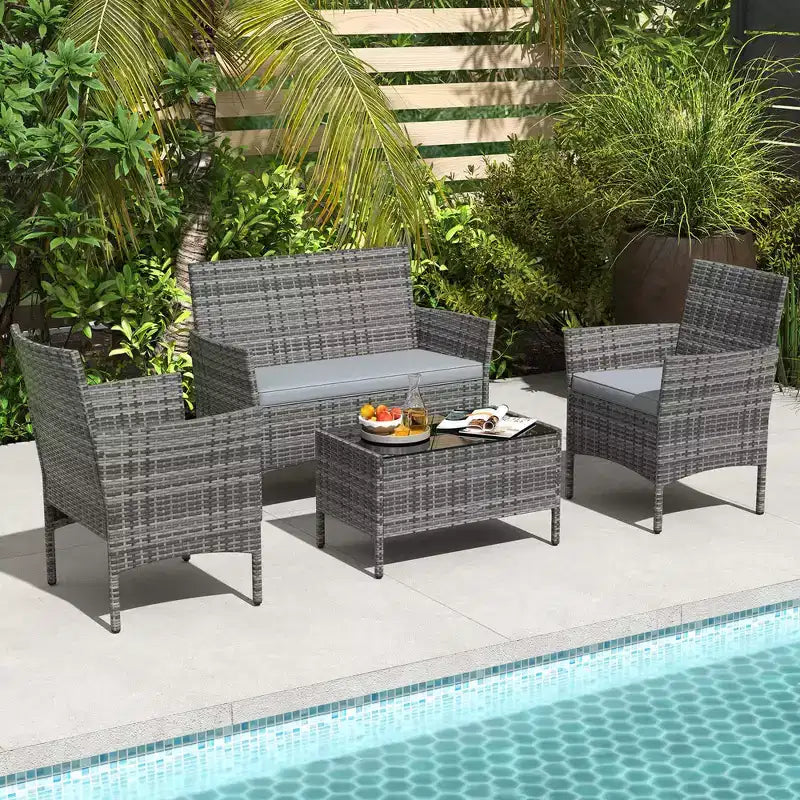 Costway Set di Mobili da Giardino 4 Pezzi con Cuscini Lavabili e Tavolino da Caffè in Vetro Temperato Grigio