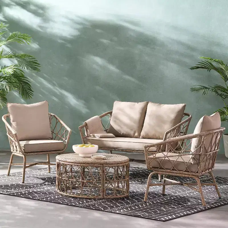 GDFStudio Colmar Set da salotto da esterno in vimini a 4 posti con cuscini, marrone chiaro/beige