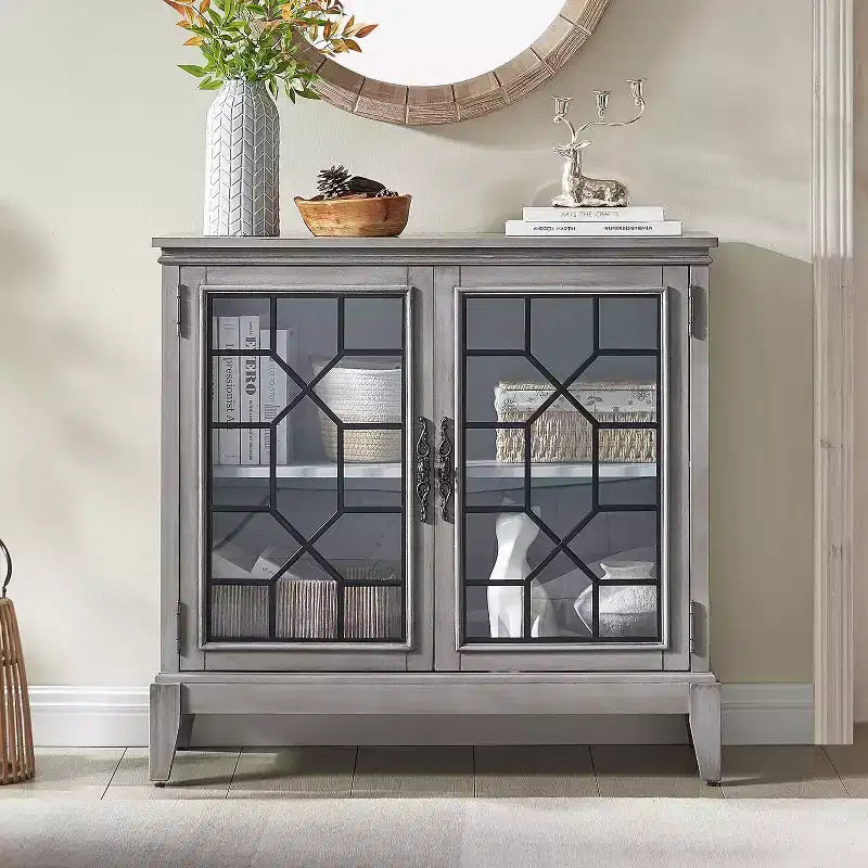 Armoire d'appoint de 91 cm de large avec 2 portes, armoire de rangement de style vintage avec pieds en bois massif-Farati