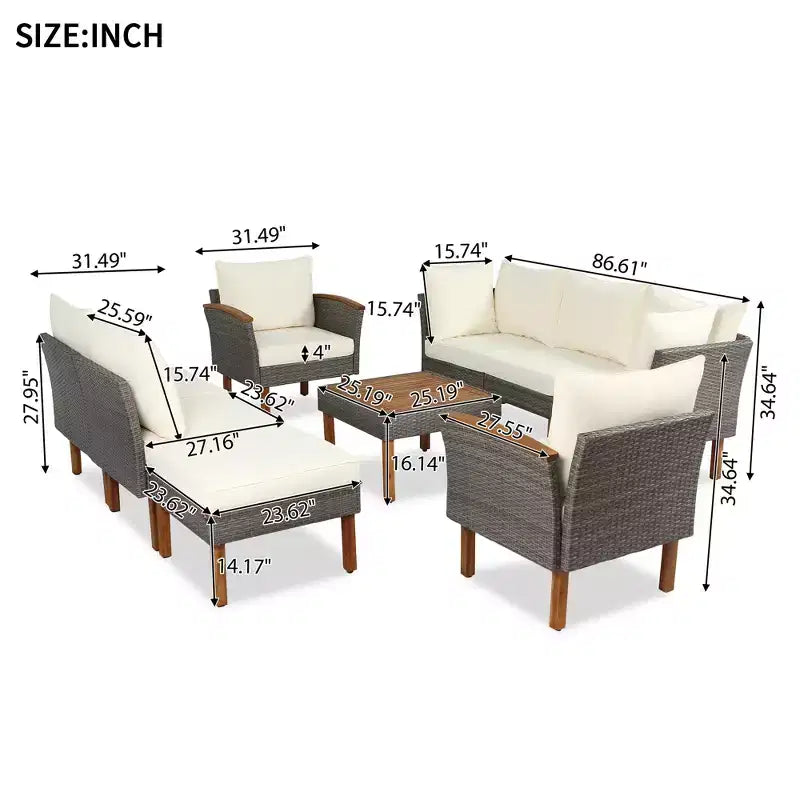 Set da conversazione da esterno in rattan da 9 pezzi, set divano da patio con tavolino da caffè e cuscino lavabile - ModernLuxe