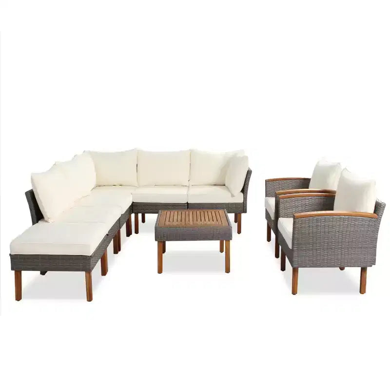 Set da conversazione da esterno in rattan da 9 pezzi, set divano da patio con tavolino da caffè e cuscino lavabile - ModernLuxe