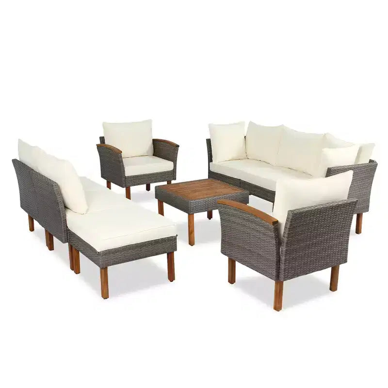 Set da conversazione da esterno in rattan da 9 pezzi, set divano da patio con tavolino da caffè e cuscino lavabile - ModernLuxe