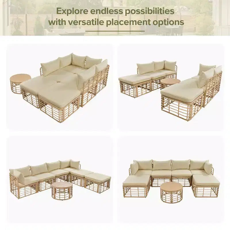 Whisen Set Divano Sezionale da Esterno in Rattan Resistente alle Intemperie, Divano da Giardino con Cuscini Spessi e Guanciali, Set Conversazione Combinabili Liberamente