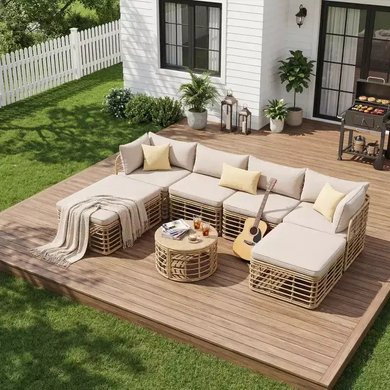 Whisen Set Divano Sezionale da Esterno in Rattan Resistente alle Intemperie, Divano da Giardino con Cuscini Spessi e Guanciali, Set Conversazione Combinabili Liberamente