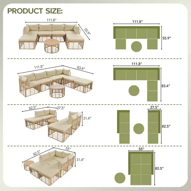 Whisen Set Divano Sezionale da Esterno in Rattan Resistente alle Intemperie, Divano da Giardino con Cuscini Spessi e Guanciali, Set Conversazione Combinabili Liberamente