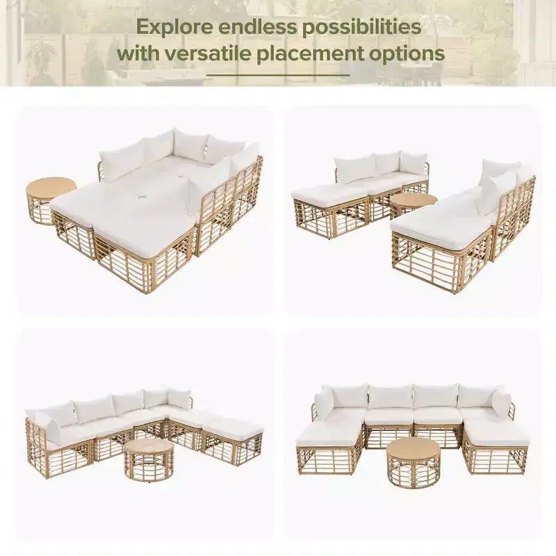 Whisen Set Divano Sezionale da Esterno in Rattan Resistente alle Intemperie, Divano da Giardino con Cuscini Spessi e Guanciali, Set Conversazione Combinabili Liberamente