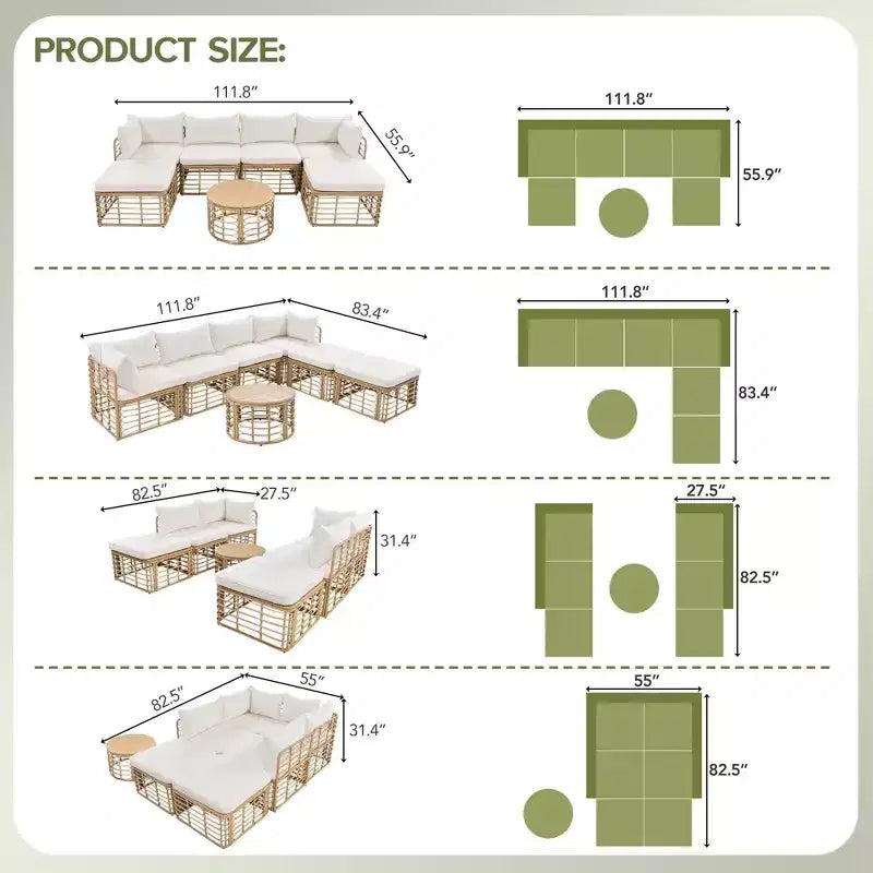 Whisen Set Divano Sezionale da Esterno in Rattan Resistente alle Intemperie, Divano da Giardino con Cuscini Spessi e Guanciali, Set Conversazione Combinabili Liberamente
