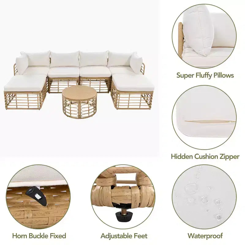 Whisen Set Divano Sezionale da Esterno in Rattan Resistente alle Intemperie, Divano da Giardino con Cuscini Spessi e Guanciali, Set Conversazione Combinabili Liberamente