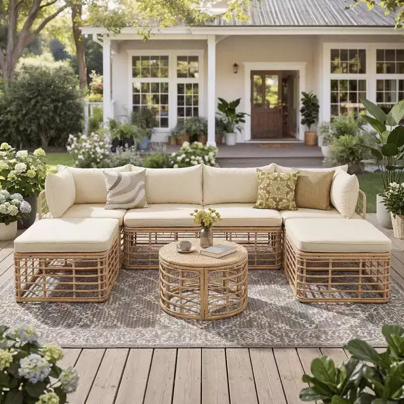 Whisen Set Divano Sezionale da Esterno in Rattan Resistente alle Intemperie, Divano da Giardino con Cuscini Spessi e Guanciali, Set Conversazione Combinabili Liberamente