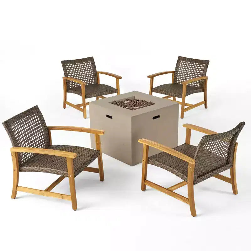 Christopher Knight Home Augusta Ensemble de 5 pièces pour extérieur en bois d'acacia et osier avec fauteuils de club et foyer