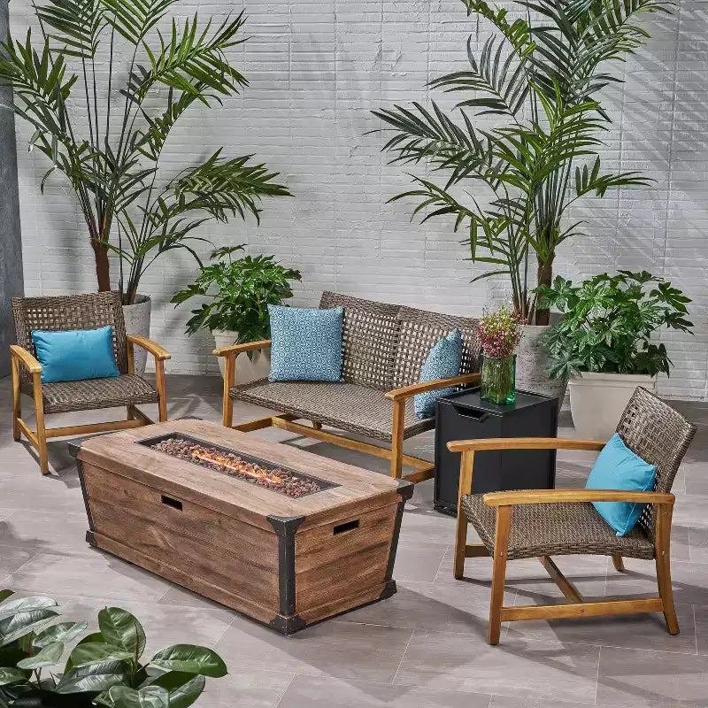 GDFStudio Savannah Salotto da Esterno in Legno di Acacia e Wicker a 4 Posti con Braciere da 50.000 BTU