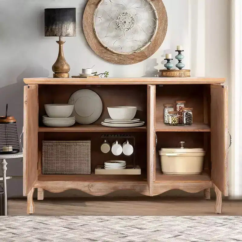 Heynemo Armadietto rustico con 3 ante intagliate, credenza vintage con ripiani