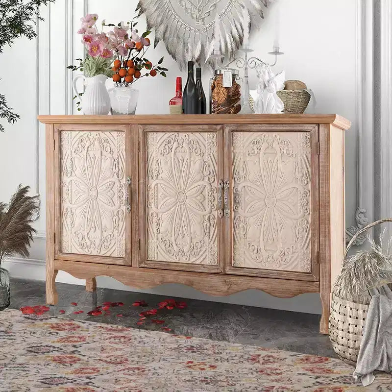 Heynemo Armadietto rustico con 3 ante intagliate, credenza vintage con ripiani